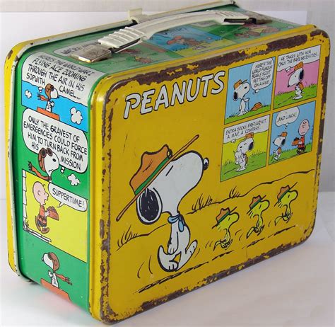 old metal snoopy lunch box|vintage peanuts lunch box thermos.